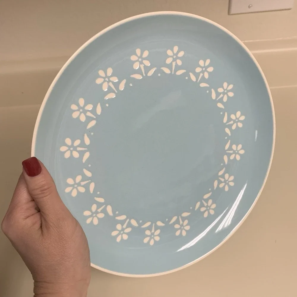Harkerware Petit Fleurs Sky Blue Dinner Plates, Oven Proof Set of 2 Harker USA